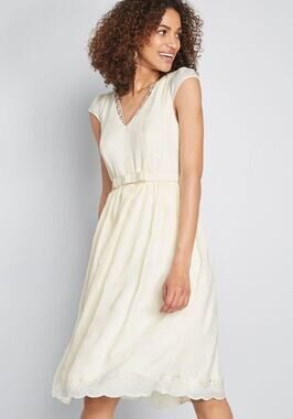 ModCloth Beautiful Union Embroidered Midi Cream Formal Wedding Dress 14 No Belt